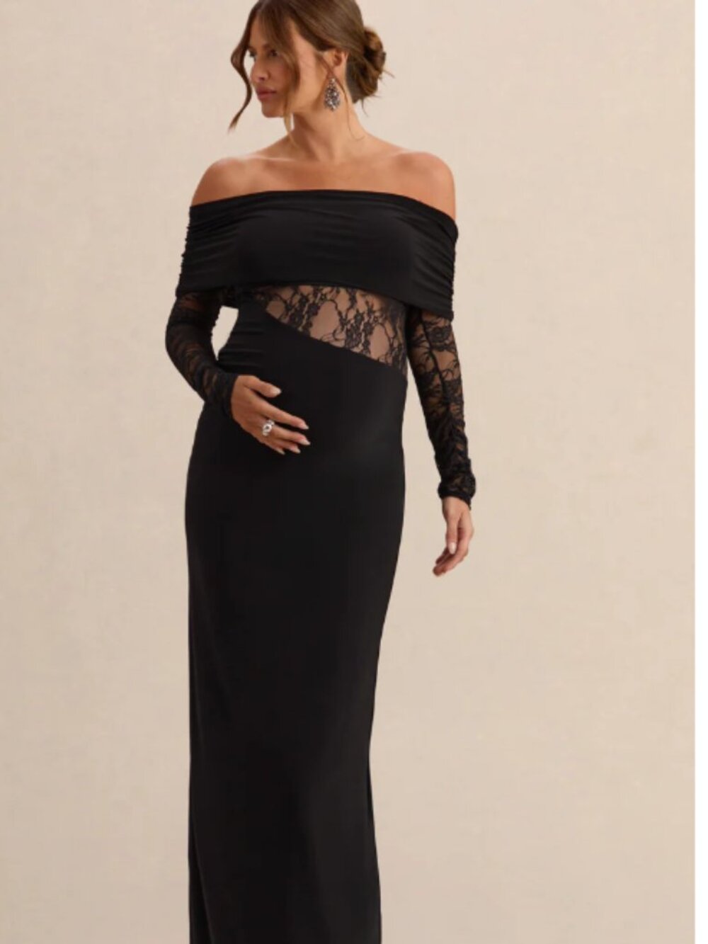 Club London Artemisia Black Bardot-Neck Maternity Maxi Dress With Lace Detailing